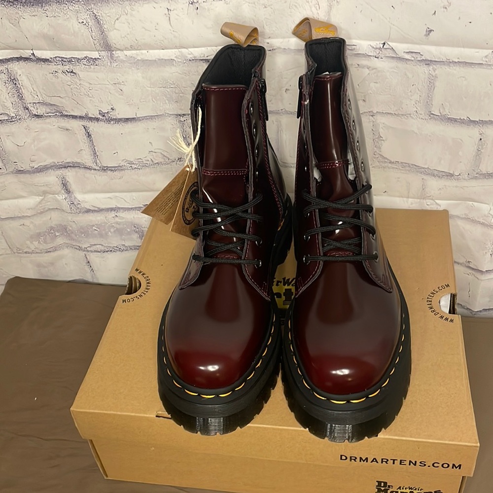 Cherry Red platform iteration of the classic 8 eye combat boot. 100% Vegan!